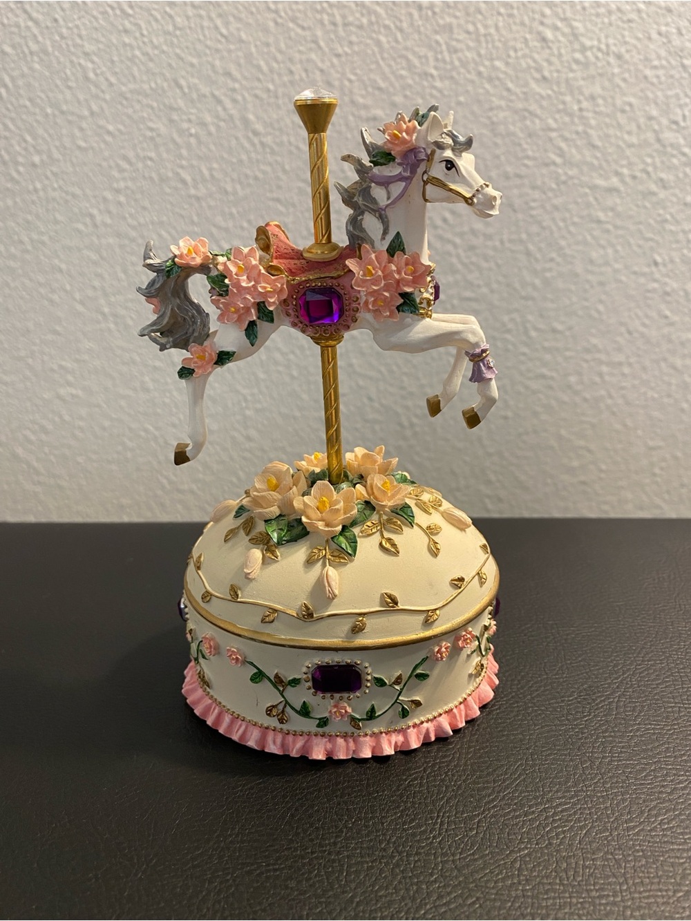 White & Pink Carousel Horse windup Music trinket Box with Floral Accents